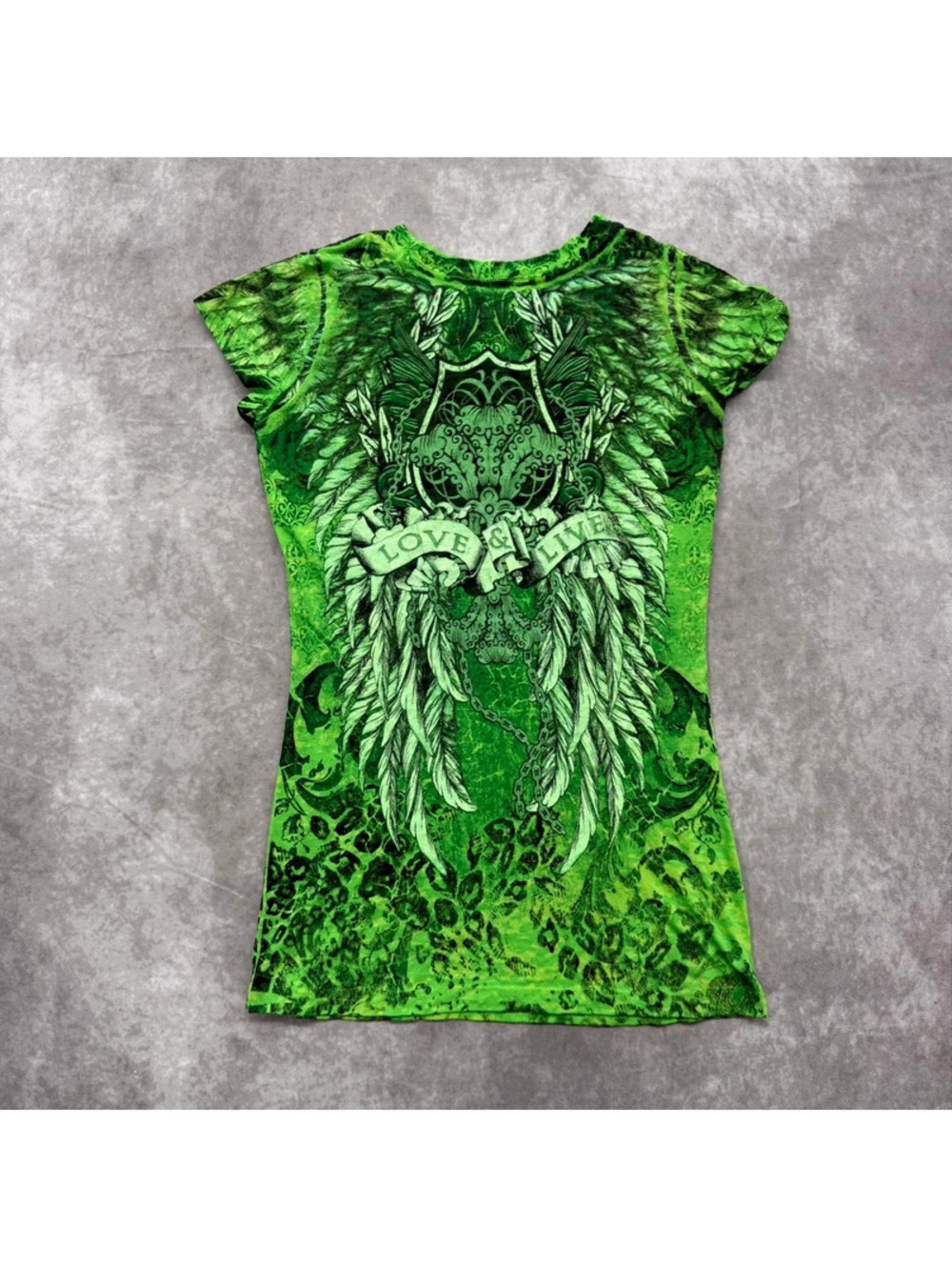 Vintage Y2K Xzavier Lime Green Leopard Angel Wing Rhinestone Graphic Tee Small